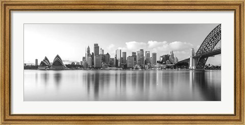 Framed Sydney Harbour Bridge and skylines at dusk, Sydney, New South Wales, Australia Print