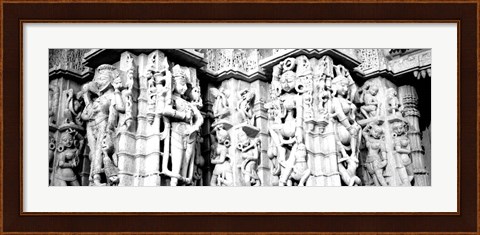 Framed Sculptures carved on a wall of a temple, Jain Temple, Ranakpur, Rajasthan, India BW Print