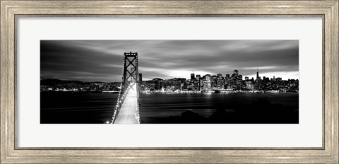 Framed Bridge lit up at dusk, Bay Bridge, San Francisco, California Print