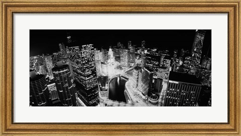 Framed Illinois, Chicago, Chicago River, High angle view of the city at night Print