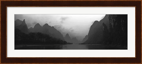 Framed River passing through a hill range, Guilin Hills, Li River, Yangshuo, China BW Print