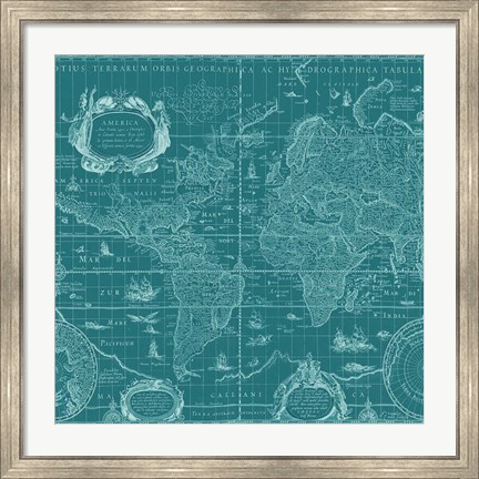 Framed Blueprint World Map, teal Print