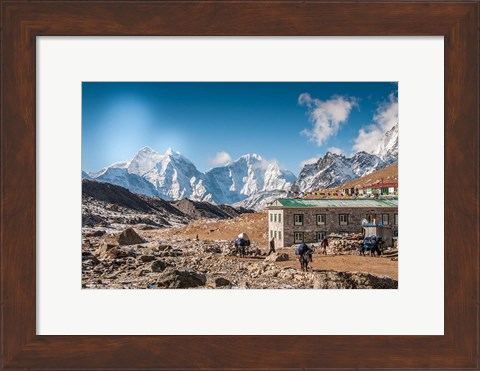 Framed Trekkers and yaks in Lobuche on a trail to Mt Everest Print