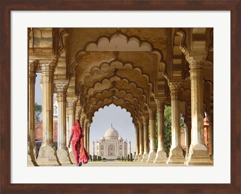 Framed Woman in traditional Sari walking towards Taj Mahal Print