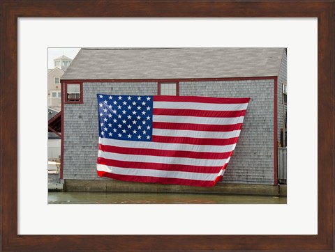 Framed Massachusetts, Nantucket, Flag on boathouse Print