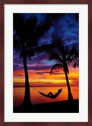 Framed Woman in hammock, and palm trees at sunset, Coral Coast, Viti Levu, Fiji Print