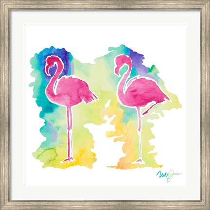 Framed Sunset Flamingo Square II Print