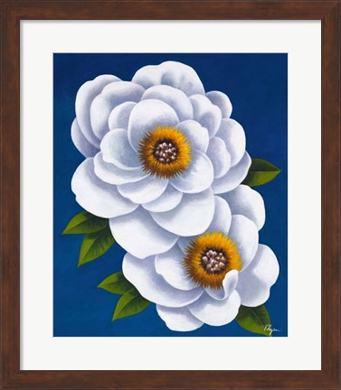 Framed White Flowers on Blue I Print