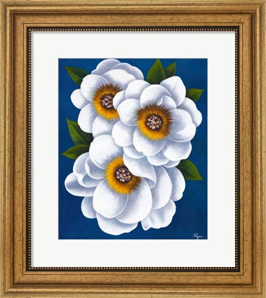 Framed White Flowers on Blue II Print