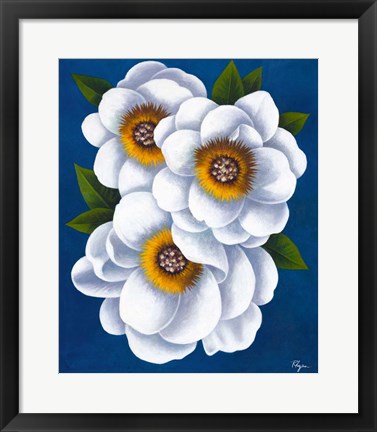 Framed White Flowers on Blue II Print