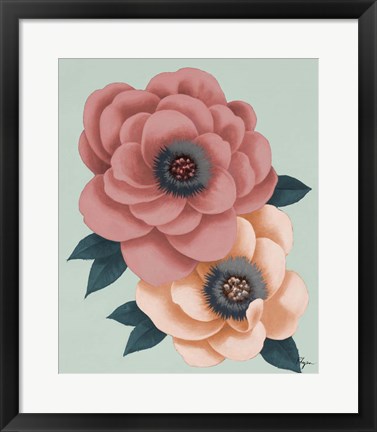 Framed Pink Flowers on Mint I Print