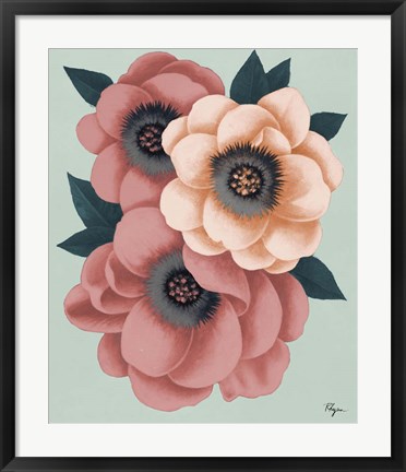Framed Pink Flowers on Mint II Print