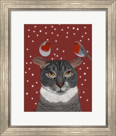 Framed Grey Cat and Robins Print