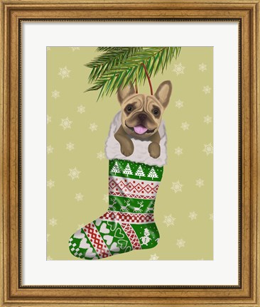Framed French Bulldog in Christmas Stocking Print