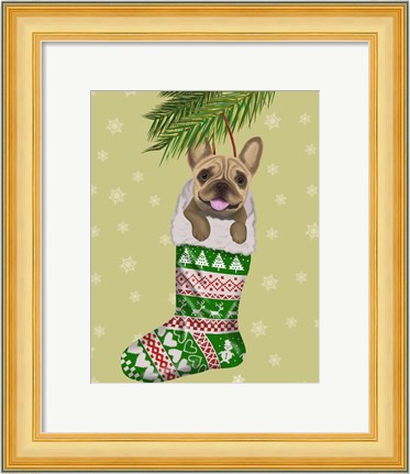 Framed French Bulldog in Christmas Stocking Print