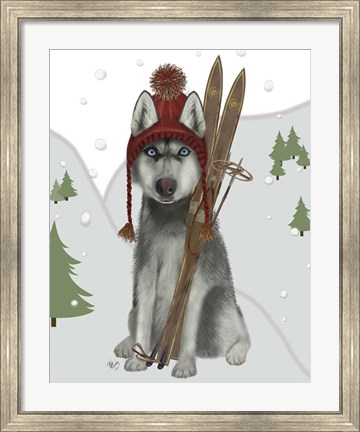 Framed Husky Skiing Print