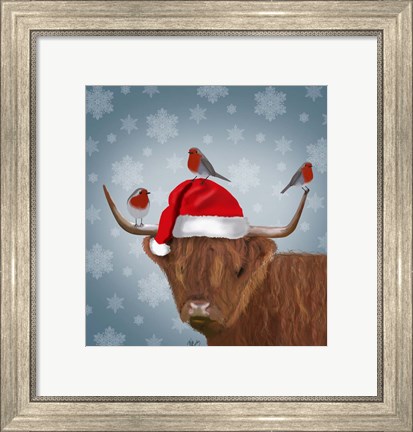 Framed Highland Cow and Robins Print
