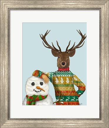 Framed Deer in Christmas Sweater with Snowman Print