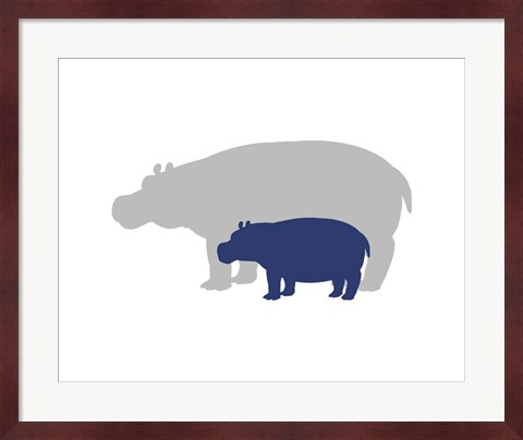 Framed Silhouette Hippo and Calf Navy Print