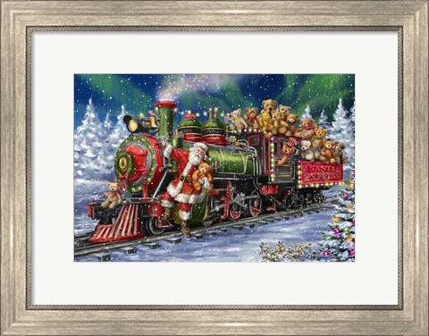 Framed Santa Green /Red Train with toy bears Print