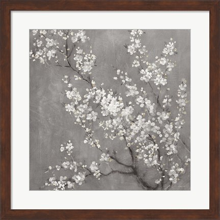 Framed White Cherry Blossoms II on Grey Crop Print