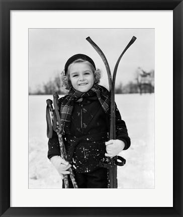 Framed 1930s Little Girl Standing Holding Skis Print