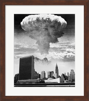 Framed 1950s 1960s Mushroom Cloud Over United Nations Building Print