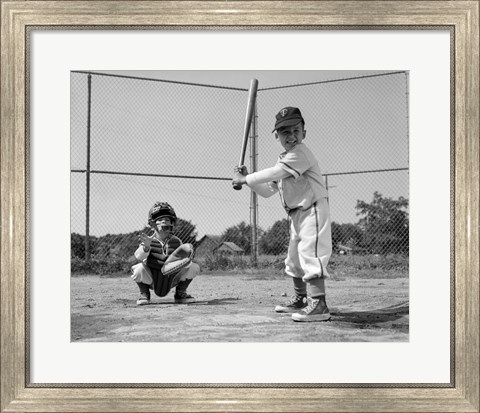 Framed 1960s Two Boys Playing Baseball Print