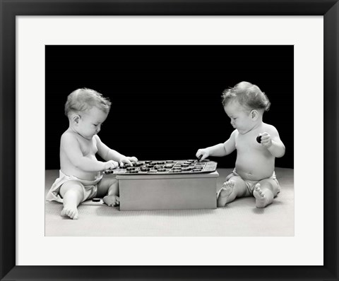 Framed 1930s 1940s Twin Babies Playing Game Of Checkers Print