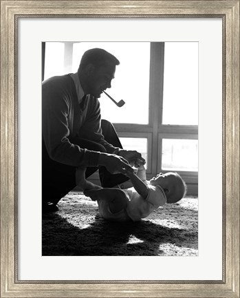 Framed 1950s Silhouetted By Window Light  Father Pipe In Mouth Print