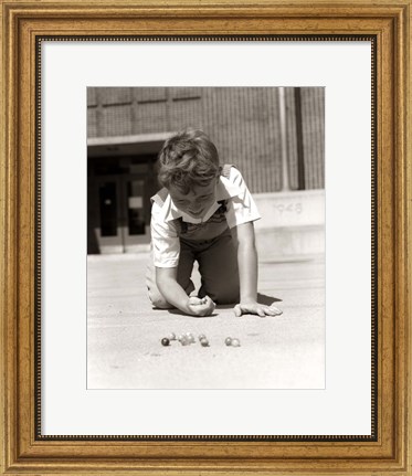 Framed 1950s Smiling Boy On School Yard Ground Playing Print