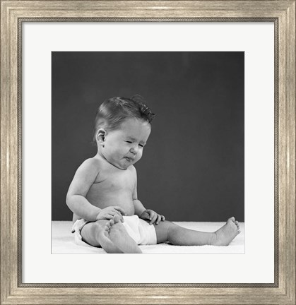 Framed 1950s Baby Sitting Up Wearing Diaper Making Face Print