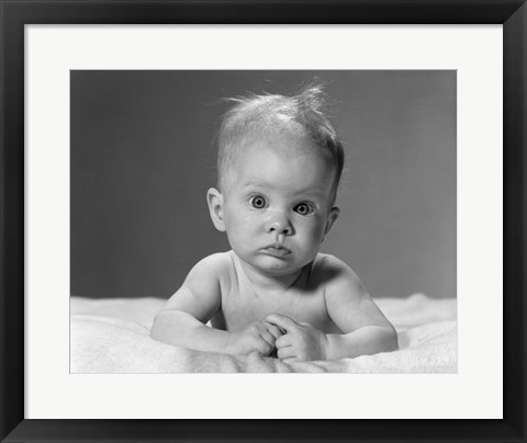 Framed 1960s Baby Lying On Stomach With Messy Hair Print