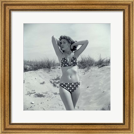 Framed 1950s Brunette Beauty In Polka Dot Bikini Standing In Sand Print