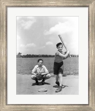 Framed 1930s Two Boys Batter And Catcher Playing Baseball Print