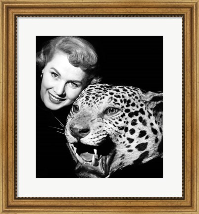 Framed 1950s Woman Face Posed With Growling Stuffed Leopard Head Print
