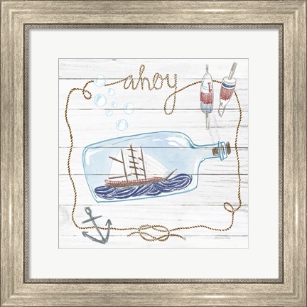 Framed Ship in a Bottle Ahoy Shiplap Print