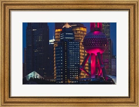 Framed Pudong Skyline dominated by Oriental Pearl TV Tower, Shanghai, China Print