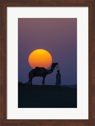 Framed Camel and Person at Sunset, Thar Desert, Rajasthan, India Print