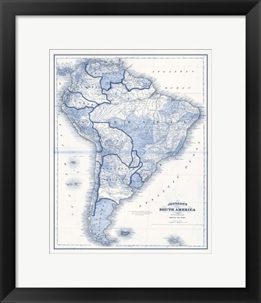 Framed South America in Shades of Blue Print
