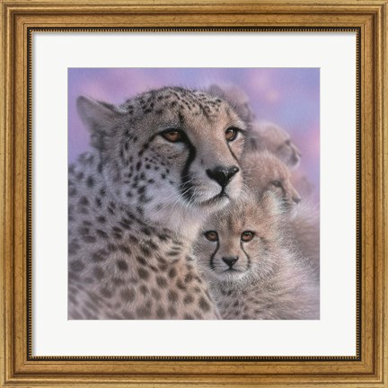 Framed Cheetah Mother and Cubs - Mother&#39;s Love - Square Print