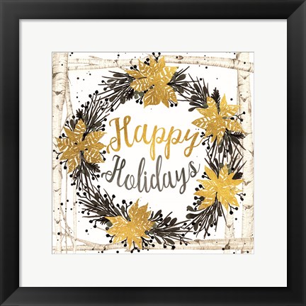 Framed Happy Holidays Birch Wreath Print