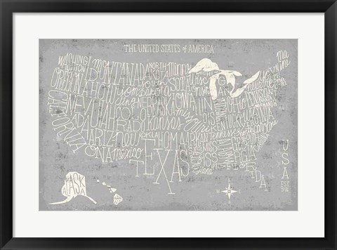Framed Hand Lettered USA Map Gray Print