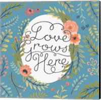 Retro Garden II - Love Grows Here Blue Fine Art Print