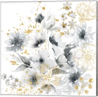 Watercolor Gray and Gold Floral Fine Art Print