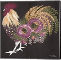 Floral Rooster on Black Fine Art Print