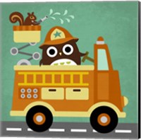 Owl in Firetruck and Squirrel Fine Art Print