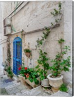 Italy, Puglia, Brindisi, Itria Valley, Ostuni Blue Door And Potted Plants Fine Art Print