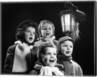 Children Singing Christmas Carols Outdoor By Lantern Light Fine Art Print