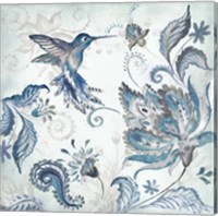Watercolor Boho Blue Hummingbird I Fine Art Print